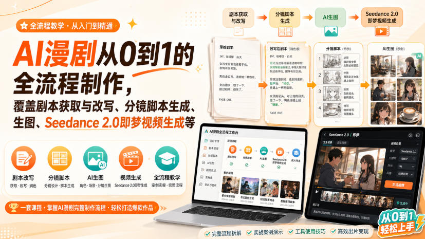 AI漫剧从0到1的全流程制作，覆盖剧本获取与改写、分镜脚本生成、角色场景生图与三视图、Seedance 2.0即梦视频生成(PDF版)-米壳知道—知识分享平台