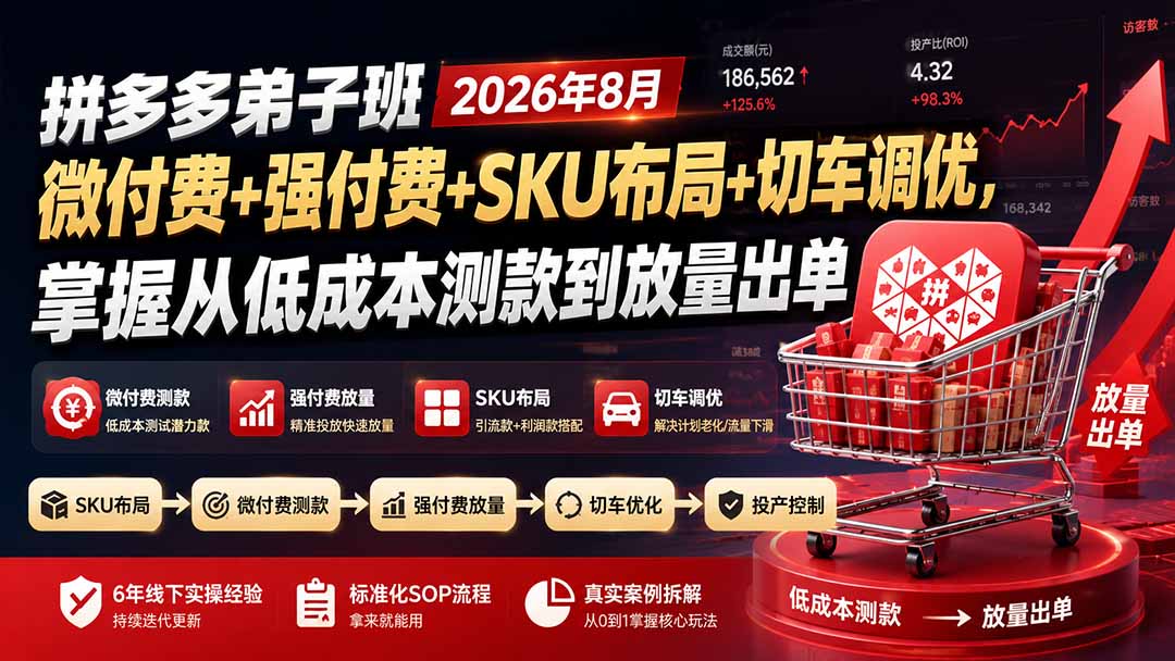 拼多多弟子班2026年8月：微付费+强付费+SKU布局+切车调优，掌握从低成本测款到放量出单-米壳知道—知识分享平台