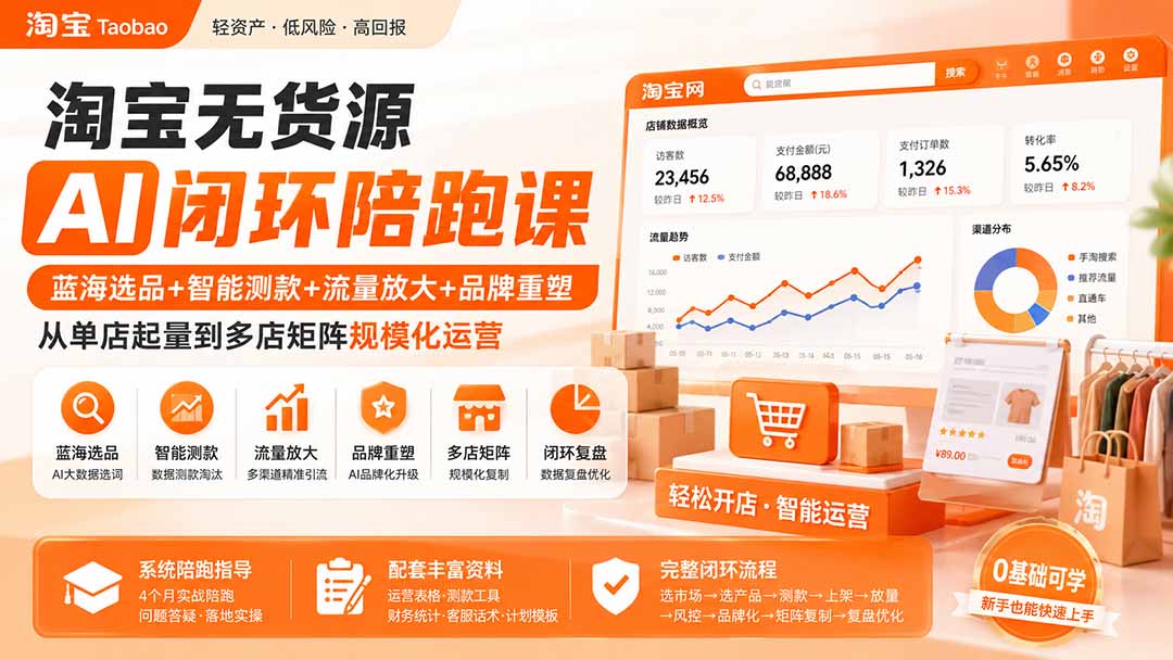 淘宝无货源AI闭环陪跑课：蓝海选品+智能测款+流量放大+品牌重塑，从单店起量到多店矩阵规模化运营-米壳知道—知识分享平台