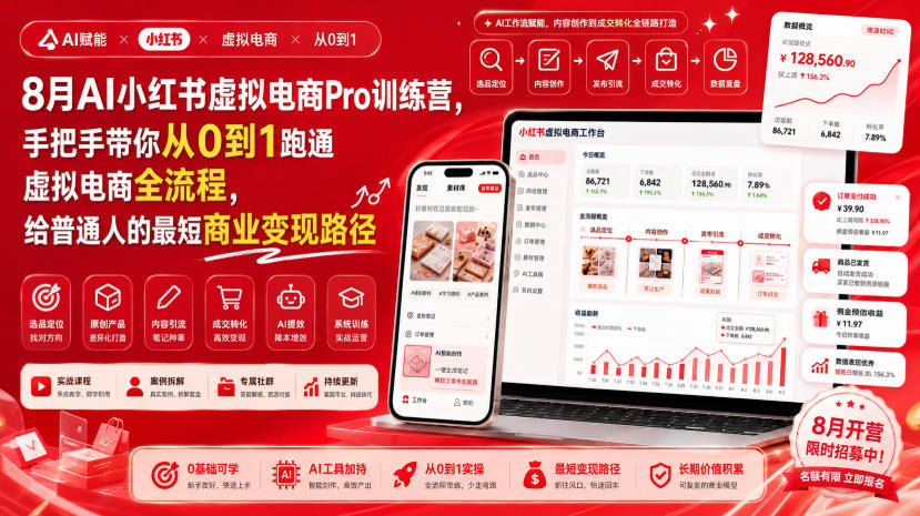 8月AI小红书虚拟电商Pro训练营，手把手带你从0到1跑通虚拟电商全流程，给普通人的最短商业变现路径-米壳知道—知识分享平台