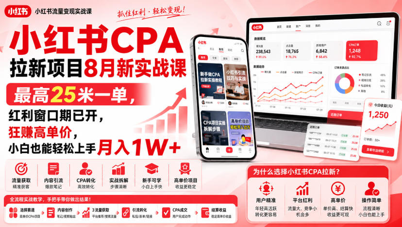 小红书CPA拉新项目8月新实战课，最高25米一单，红利窗口期已开，狂賺高单价，小白也能轻松上手月入1W+-米壳知道—知识分享平台