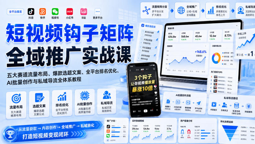 短视频钩子矩阵全域推广实战课｜五大赛道流量布局、爆款选题文案、全平台排名优化、AI批量创作与私域导流全体系教程-米壳知道—知识分享平台