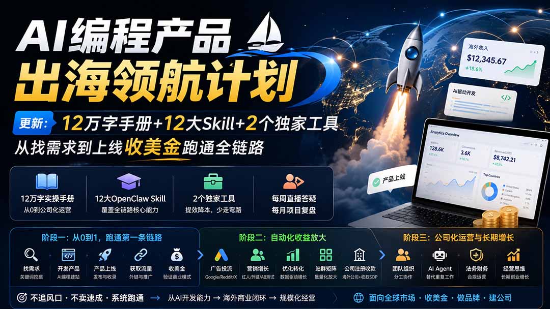 AI编程产品出海领航计划-更新：12万字手册+12大Skill+2个独家工具，从找需求到上线收美金跑通全链路-米壳知道—知识分享平台
