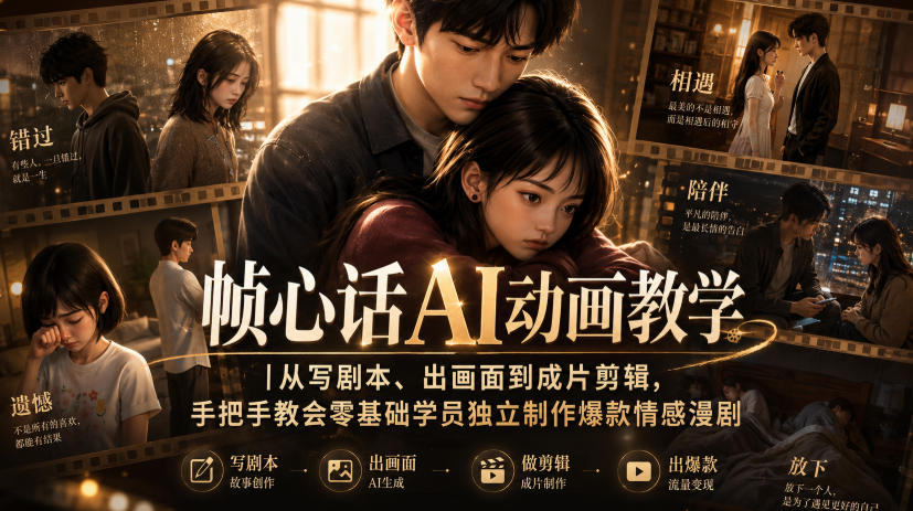 帧心话AI动画教学｜从写剧本、出画面到成片剪辑，手把手教会零基础学员独立制作爆款情感漫剧-米壳知道—知识分享平台
