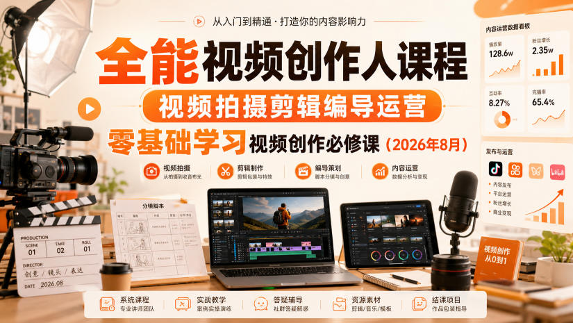 全能视频创作人课程，视频拍摄剪辑编导运营，零基础学习视频创作必修课(2026年8月)-米壳知道—知识分享平台