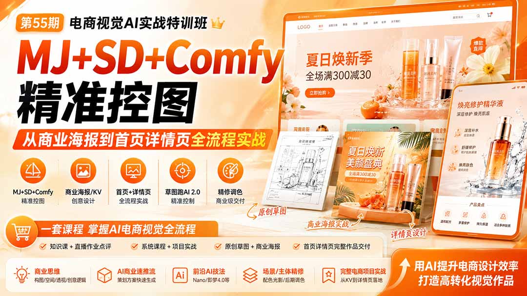 电商视觉 AI实战训练营第55期：MJ+SD+Comfy精准控图，从商业海报到首页详情页全流程实战-米壳知道—知识分享平台