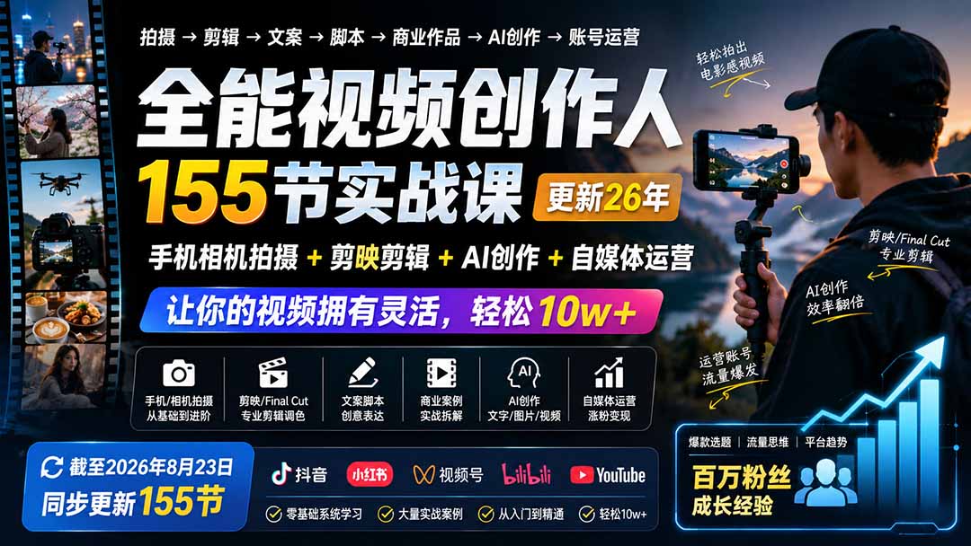 全能视频创作人155节实战课-更新26年8月：手机相机拍摄+剪映剪辑+AI创作+自媒体运营，让你的视频拥有灵活，轻松10w-米壳知道—知识分享平台