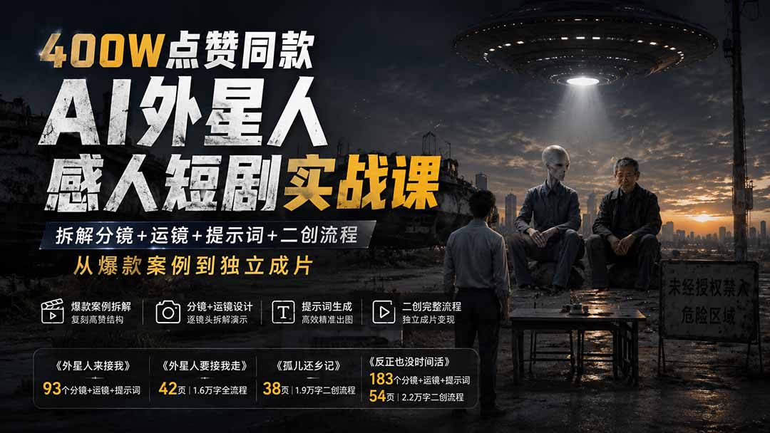400W点赞同款AI外星人感人短剧实战课：拆解分镜+运镜+提示词+二创流程，从爆款案例到独立成片-米壳知道—知识分享平台