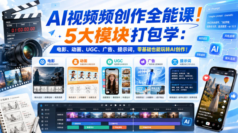 AI视频频创作全能课！5大模块打包学：电影、动画、UGC、广告、提示词，零基础也能玩转AI创作！【原创双语字幕】-米壳知道—知识分享平台