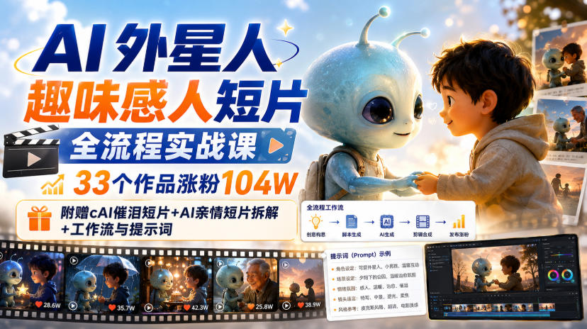 AI外星人趣味感人短片全流程实战课，33个作品涨粉104W，附赠AI催泪短片+AI亲情短片拆解+工作流与提示词-米壳知道—知识分享平台