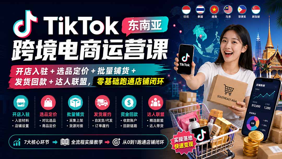 TikTok东南亚跨境电商运营课：开店入驻+选品定价+批量铺货+发货回款+达人联盟，零基础跑通店铺闭环-米壳知道—知识分享平台