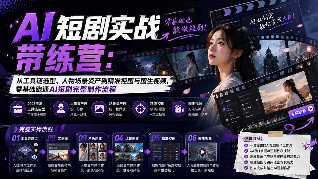 AI短剧实战训练营：从工具链选型、人物场景资产到精准控图与图生视频，零基础跑通AI短剧完整制作流程-米壳知道—知识分享平台