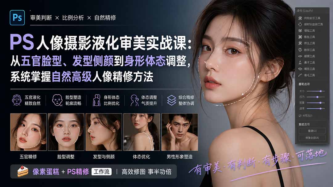 PS人像摄影液化审美实战课：从五官脸型、发型侧颜到身形体态调整，系统掌握自然高级人像精修方法-米壳知道—知识分享平台