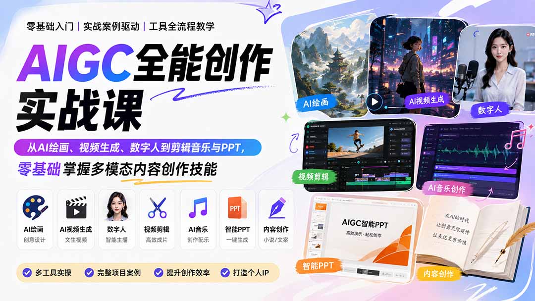 AIGC全能创作实战课：从AI绘画、视频生成、数字人到剪辑音乐与PPT，零基础掌握多模态内容创作技能-米壳知道—知识分享平台