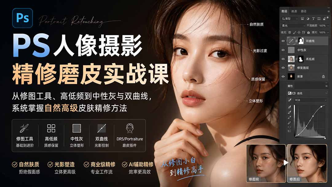 PS人像摄影精修磨皮实战课：从修图工具、高低频到中性灰与双曲线，系统掌握自然高级皮肤精修方法-米壳知道—知识分享平台