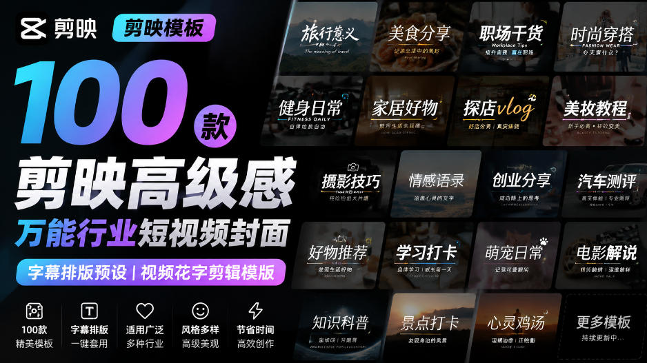 【剪映模板】100款剪映高级感万能行业短视频封面字幕排版预设视频花字剪辑模版-米壳知道—知识分享平台