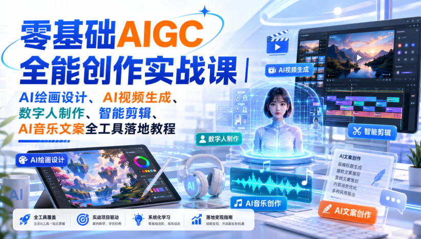 零基础AIGC全能创作实战课｜AI绘画设计、AI视频生成、数字人制作、智能剪辑、AI音乐文案全工具落地教程-米壳知道—知识分享平台