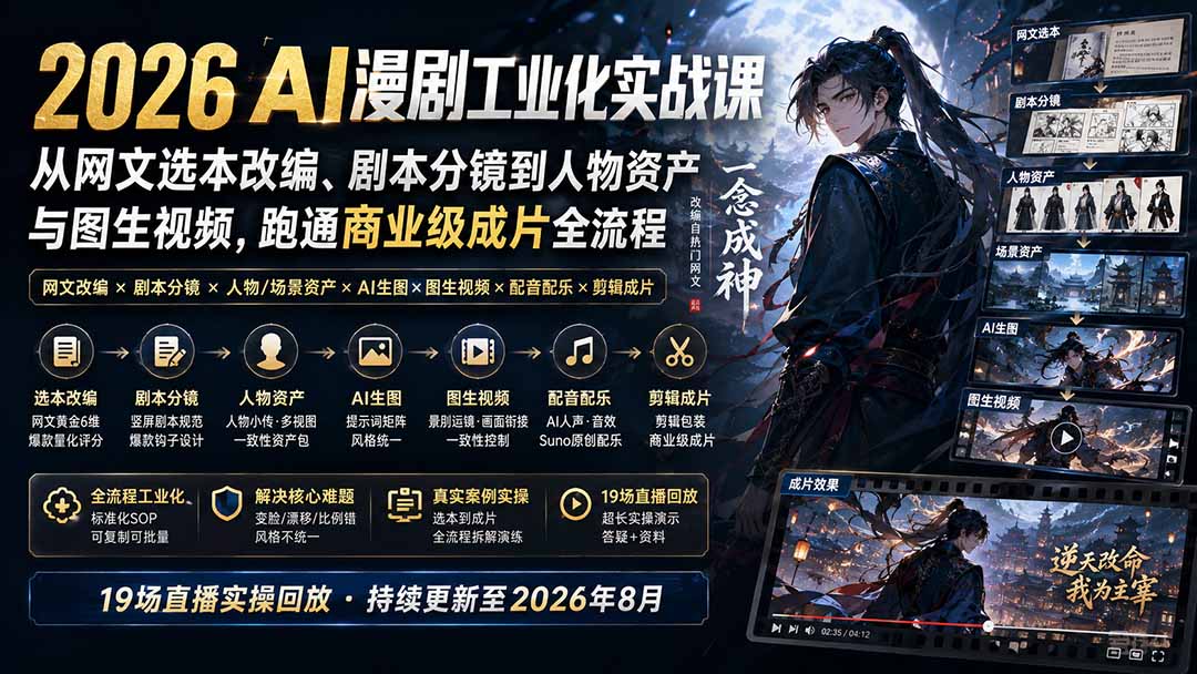 2026 AI漫剧工业化实战课-更新：从网文选本改编、剧本分镜到人物资产与图生视频，跑通商业级成片全流程-米壳知道—知识分享平台