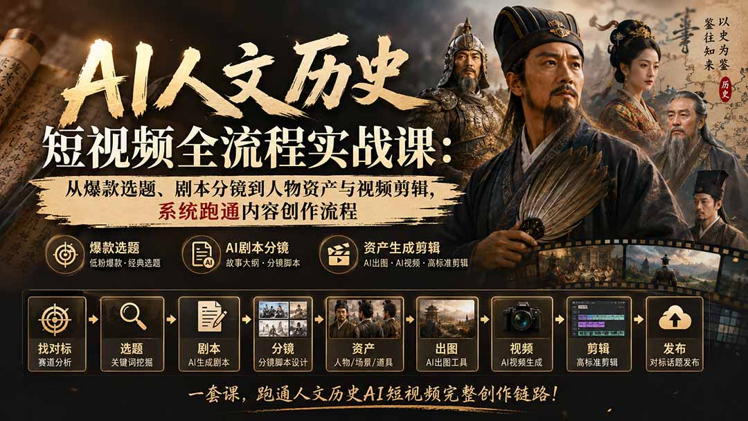AI人文历史短视频全流程实战课：从爆款选题、剧本分镜到人物资产与视频剪辑，系统跑通内容创作流程-米壳知道—知识分享平台