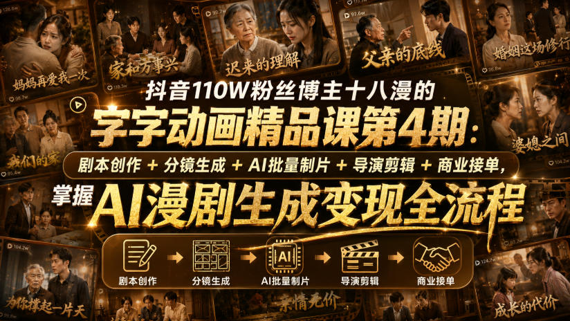 抖音110W粉丝博主十八漫的字字动画精品课第4期：剧本创作+分镜生成+剪辑+商业接单，掌握AI漫剧生成变现全流程-米壳知道—知识分享平台