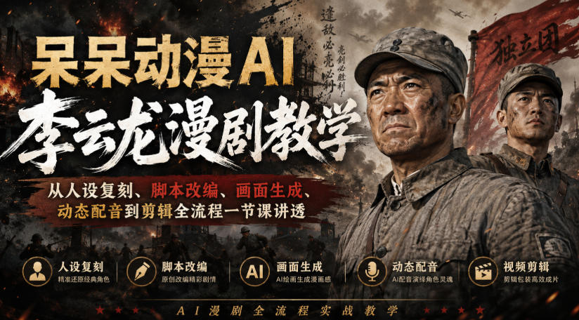 呆呆动漫AI李云龙漫剧教学，从人设复刻、脚本改编、画面生成、动态配音到剪辑全流程一节课讲透-米壳知道—知识分享平台