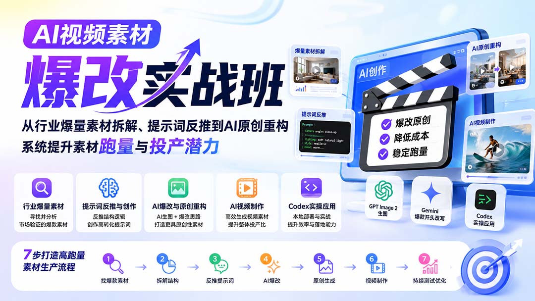 AI视频素材爆改实战班-更新8月：从行业爆量素材拆解、提示词反推到AI原创重构，系统提升素材跑量与投产潜力-米壳知道—知识分享平台