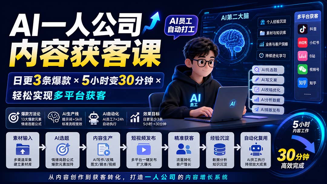 AI一人公司内容获客课-更新8月：日更3条爆款×5小时变30分钟×AI员工自动打工，轻松实现多平台获客-米壳知道—知识分享平台