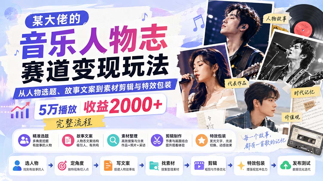 某大佬的音乐人物志赛道变现玩法：从人物选题、故事文案到素材剪辑与特效包装，5万播放收益2000+完整流程-米壳知道—知识分享平台