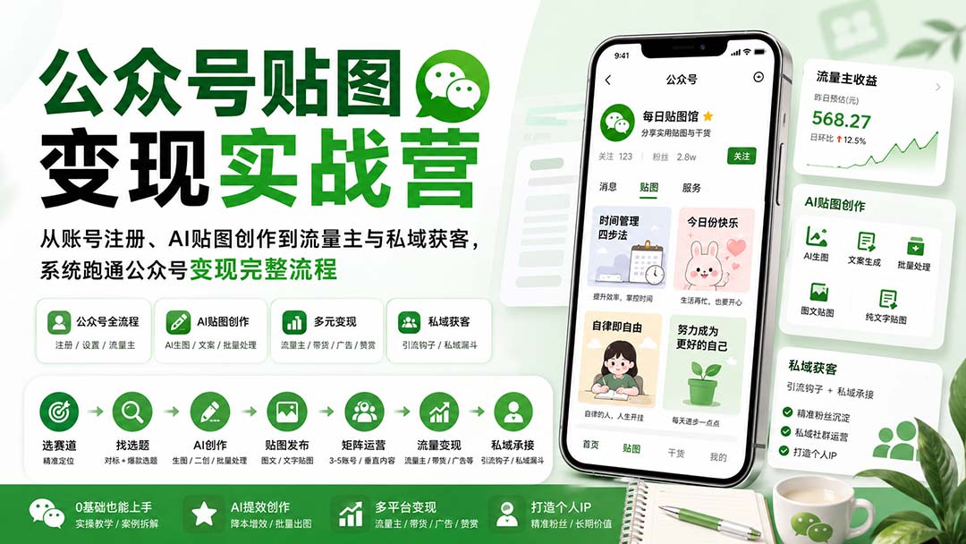 公众号贴图变现实战营：从账号注册、AI贴图创作到流量主与私域获客，系统跑通公众号变现完整流程-米壳知道—知识分享平台