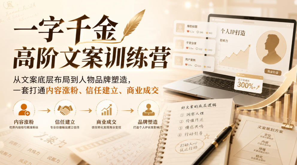 一字千金高阶文案训练营，从文案底层布局到人物品牌塑造，一套打通内容涨粉、信任建立、商业成交-米壳知道—知识分享平台