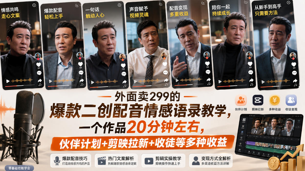 外面卖299的爆款二创配音情感语录教学，一个作品20分钟左右，伙伴计划+剪映拉新+收徒等多种收益-米壳知道—知识分享平台