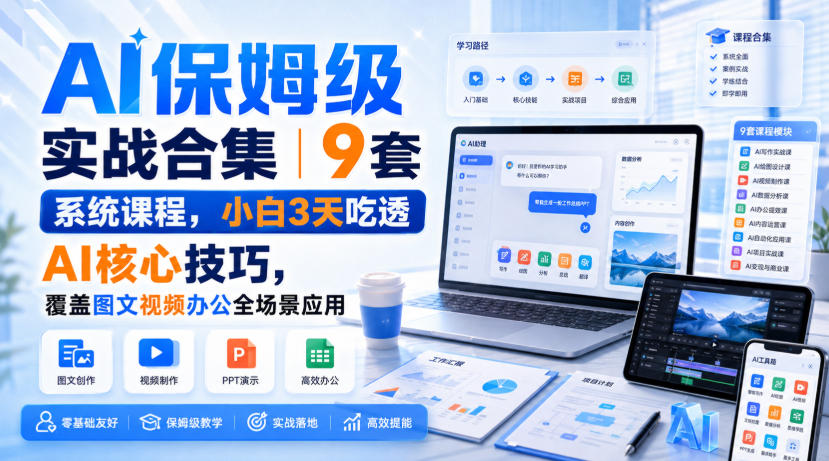AI保姆级实战合集｜9套系统课程，小白3天吃透AI核心技巧，覆盖图文视频办公全场景应用-米壳知道—知识分享平台