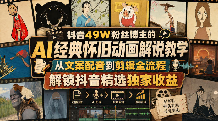 抖音49W粉丝博主的AI经典怀旧动画解说教学，从文案配音到剪辑全流程，解锁抖音精选独家收益-米壳知道—知识分享平台