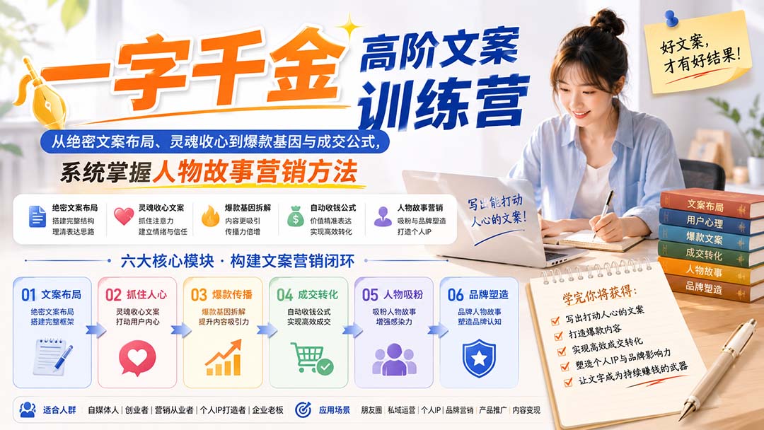 一字千金高阶文案训练营：从绝密文案布局、灵魂收心到爆款基因与成交公式，系统掌握人物故事营销方法-米壳知道—知识分享平台