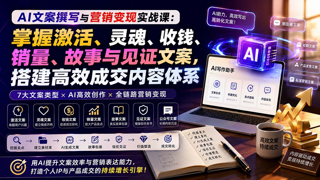 AI文案撰写与营销变现实战课：掌握激活、灵魂、收钱、销量、故事与见证文案，搭建高效成交内容体系-米壳知道—知识分享平台