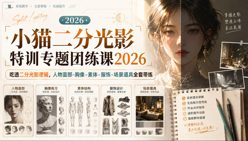 小猫二分光影特训专题团练课2026|吃透二分光影逻辑,人物面部‑胸像‑素体‑服饰‑场景道具全套带练,高清画质附赠课件与笔刷-米壳知道—知识分享平台