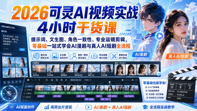 2026可灵AI视频实战4小时干货课｜提示词、文生图、角色一致性、专业运镜剪辑，零基础一站式学会AI漫剧与真人AI短剧全流程-米壳知道—知识分享平台