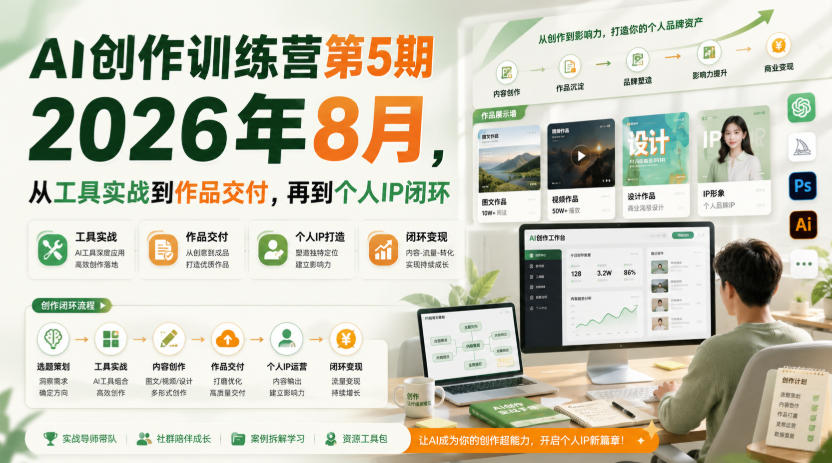 AI创作训练营第5期2026年8月，从工具实战到作品交付，再到个人IP闭环-米壳知道—知识分享平台