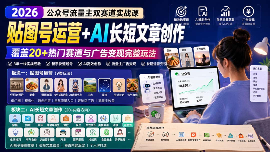 公众号流量主双赛道实战课：贴图号运营+AI长短文章创作，覆盖20+热门赛道与广告变现完整玩法-米壳知道—知识分享平台