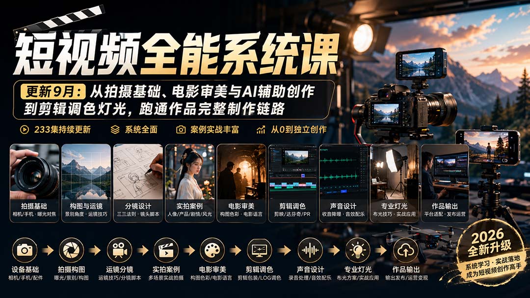 短视频全能系统课-更新8月233集：从拍摄基础、电影审美与AI辅助创作到剪辑调色灯光，跑通作品完整制作链路-米壳知道—知识分享平台