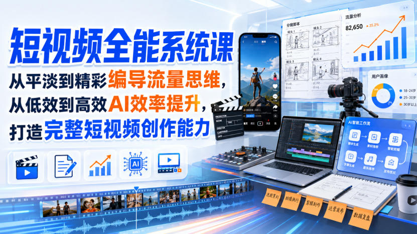 短视频全能系统课，从平淡到精彩编导流量思维，从低效到高效AI效率提升，打造完整短视频创作能力(2026年8月30更新233集)-米壳知道—知识分享平台