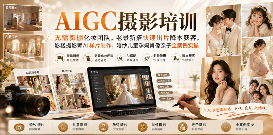 AIGC摄影培训｜无需影棚化妆团队，老景新搭快速出片降本获客，影楼摄影师AI样片制作，婚纱儿童孕妈肖像亲子全案例实操-米壳知道—知识分享平台