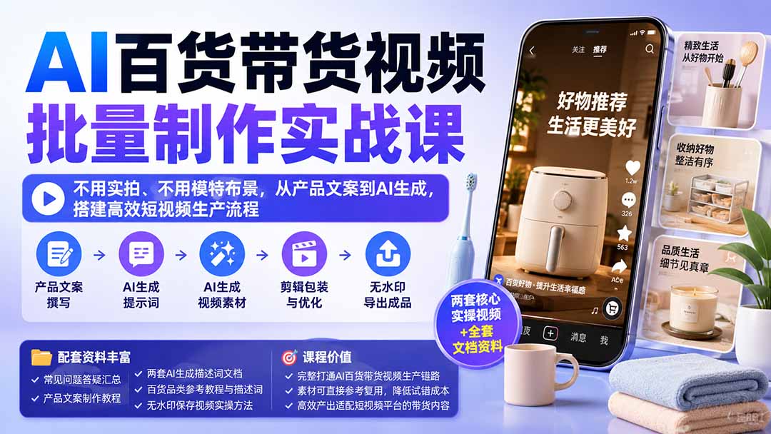 AI百货带货视频批量制作实战课:不用实拍、不用模特布景,从产品文案到AI生成,搭建高效短视频生产流程-米壳知道—知识分享平台