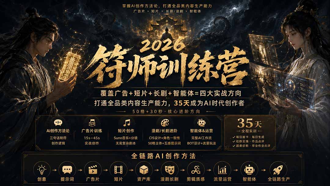 符师训练营-35天成为AI时代创作者,广告+短片+漫剧+智能体四大实战方向,掌握从创意到上线的完整工作流-米壳知道—知识分享平台