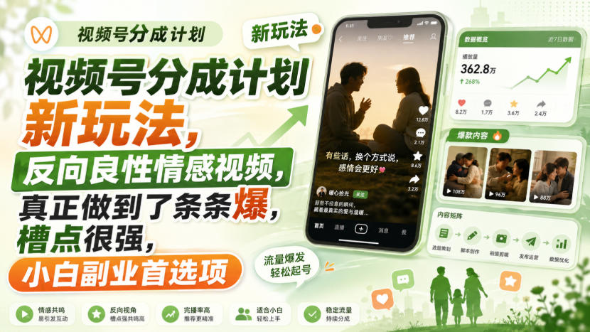 视频号分成计划新玩法，反向良性情感视频，真正做到了条条爆，槽点很强，小白副业首选项-米壳知道—知识分享平台