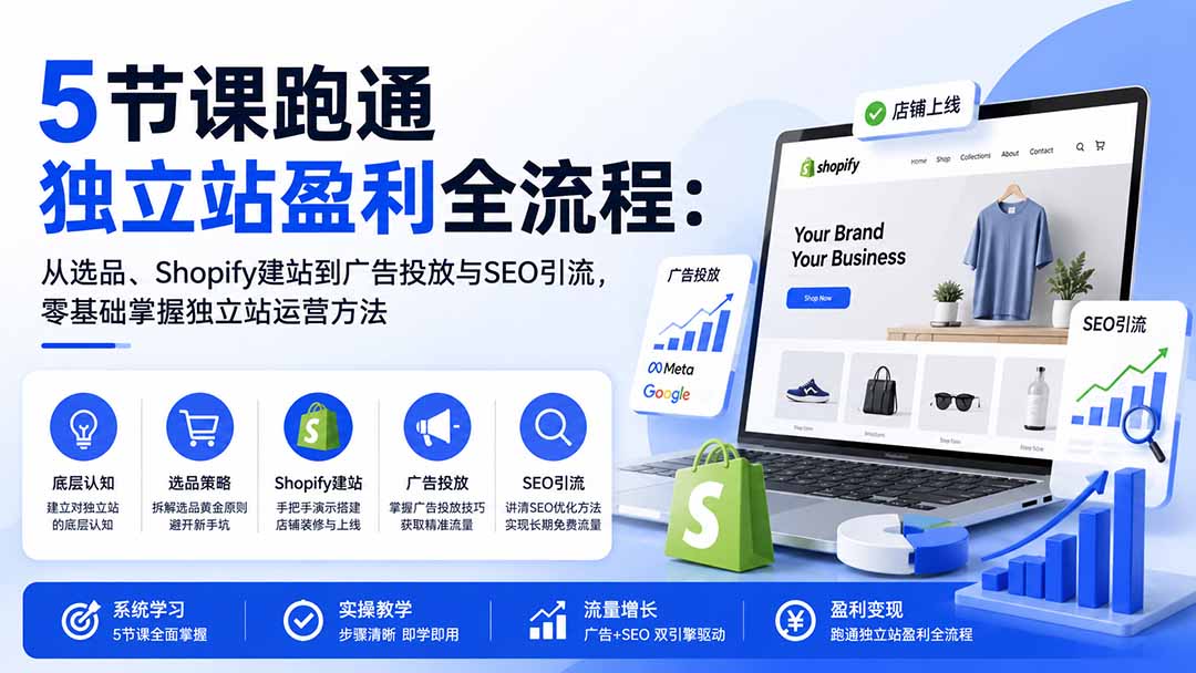 5节课跑通独立站盈利全流程:从选品、Shopify建站到广告投放与SEO引流,零基础掌握独立站运营方法-米壳知道—知识分享平台