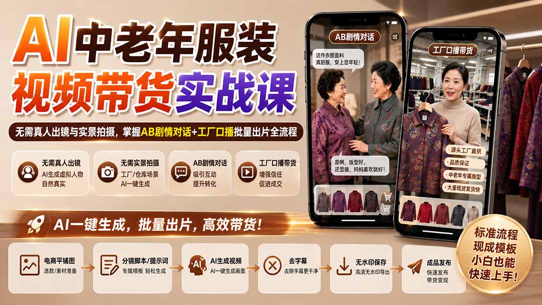 AI中老年服装视频带货实战课：无需真人出镜与实景拍摄，掌握AB剧情对话+工厂口播批量出片全流程-米壳知道—知识分享平台