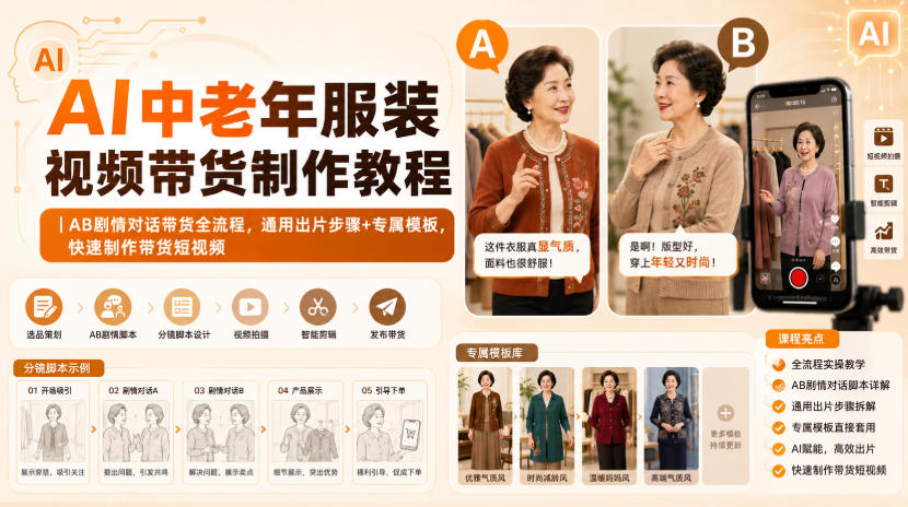 AI中老年服装视频带货制作教程｜AB剧情对话带货全流程，通用出片步骤+专属模板，快速制作带货短视频-米壳知道—知识分享平台