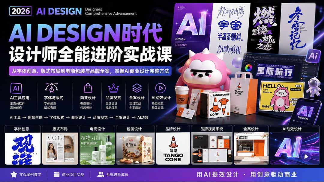 2026AI DESIGN时代设计师全能进阶实战课：从字体创意、版式布局到电商包装与品牌全案，掌握AI商业设计完整方法-米壳知道—知识分享平台