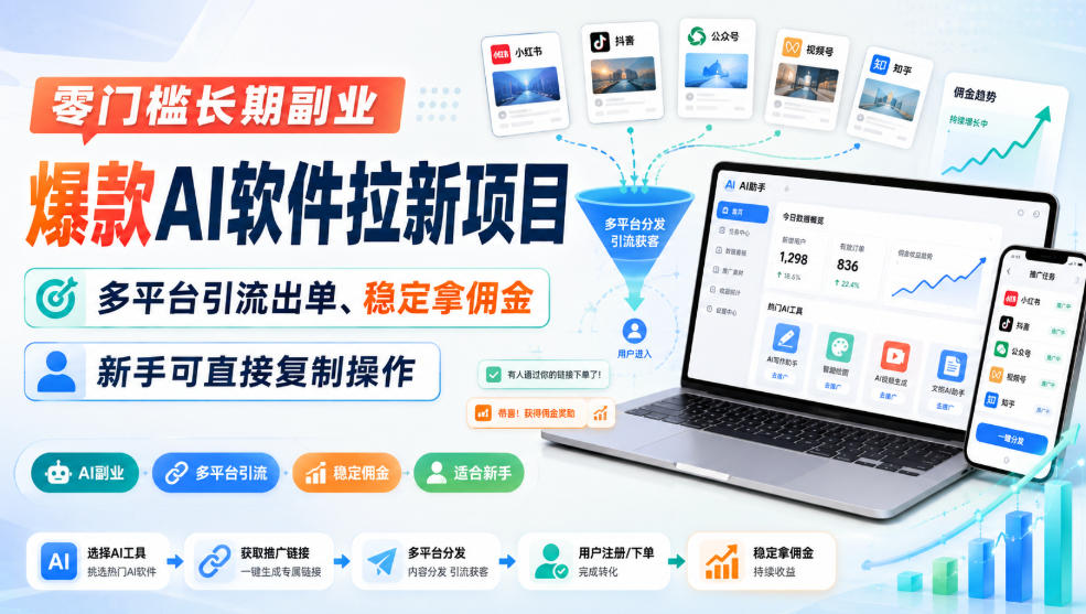 零门槛长期副业,爆款AI软件拉新项目,多平台引流出单、稳定拿佣金,新手可直接复制操作-米壳知道—知识分享平台